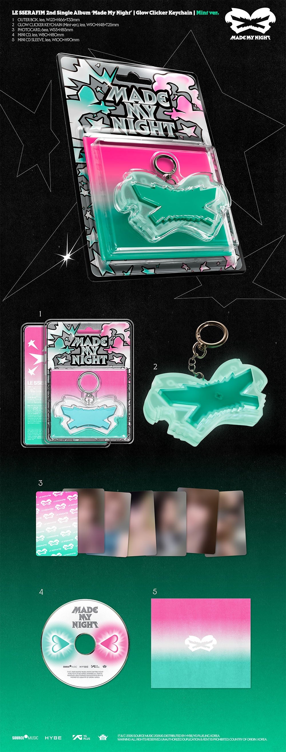 LE SSERAFIM 2ND SINGLE ALBUM 'MADE MY NIGHT' GLOW CLICKER KEYCHAIN VER. K-pop album - afbeelding 2