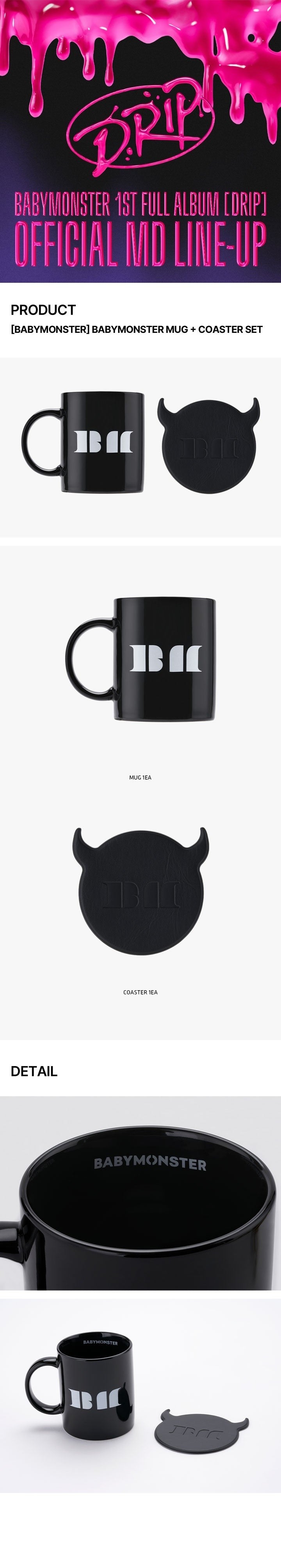 Details van de BABYMONSTER DRIP mok en onderzetter