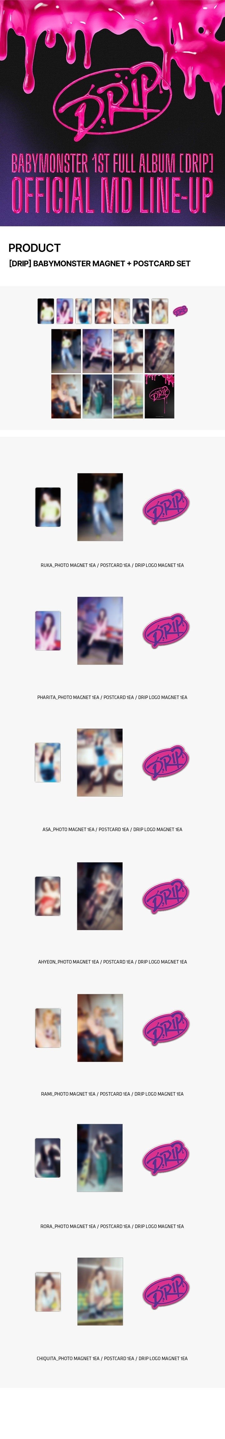 Inhoud en afmetingen van de BABYMONSTER DRIP Magnet + Postcard Set